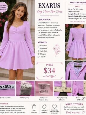 Exarus Girls' Pink Long-Sleeve Square-Neck Party Dress